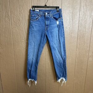 Levi's Premium 501 Jeans Womens 27 x 26 Blue Big E Straight High Raw Hem Button